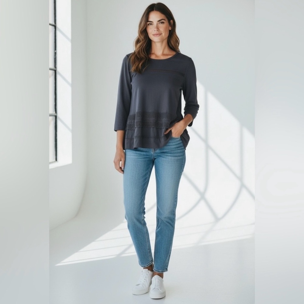 Loft 3/4 Sleeve Blouse Bottom Top // Steel Blue // Small
